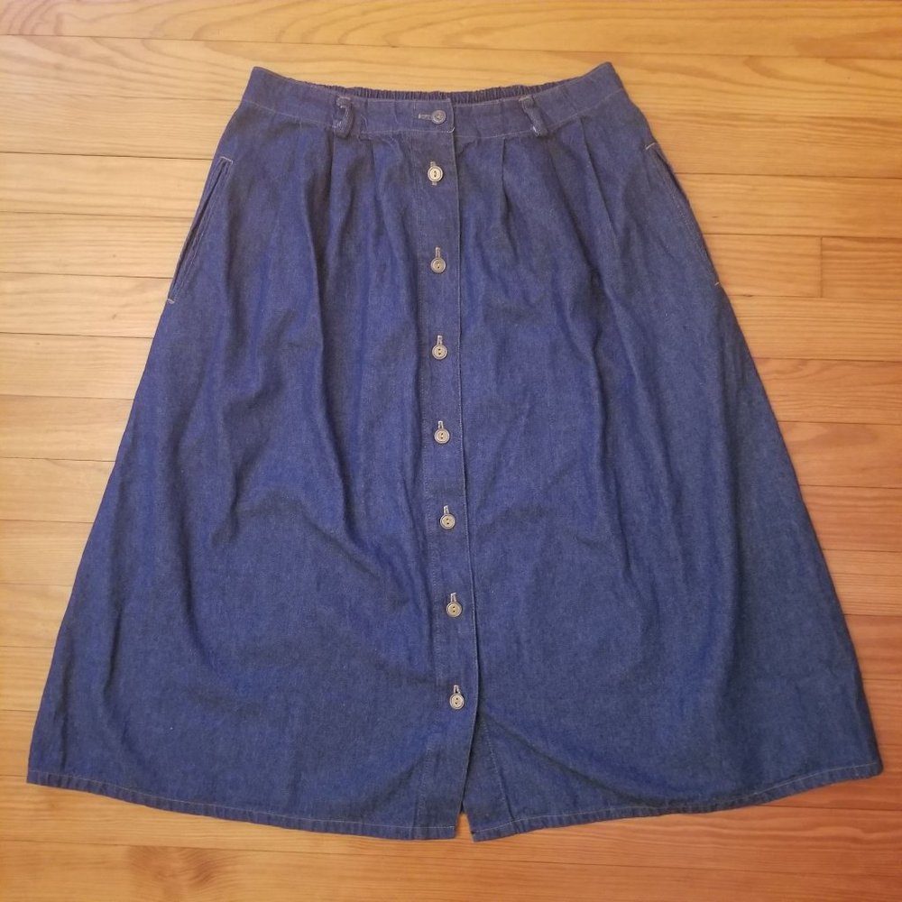 Koret 10P Vintage Blue Jean Denim Skirt Cotton Pockets Button‎ Down A Line